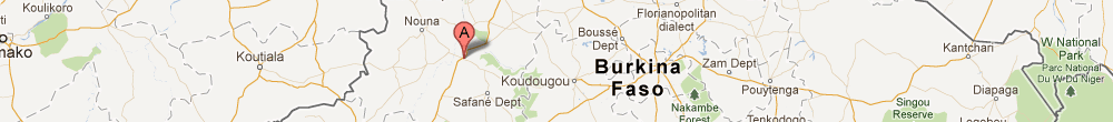 Kaart van Burkina Fase met een pijl vlak bij de stad Dedougou